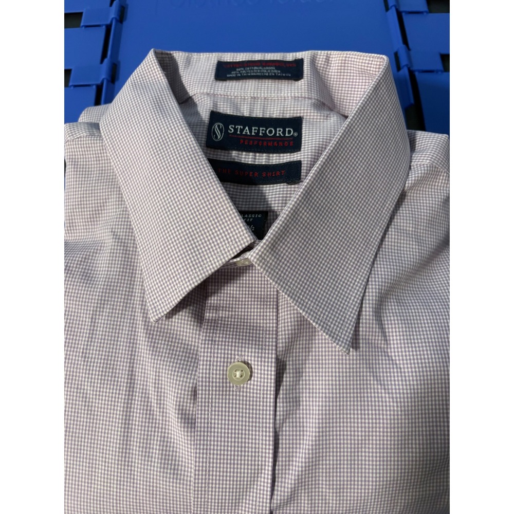 Stafford Performance Super Shirt Mens 17.5 36-37 Purple Gingham Classic Fit LS